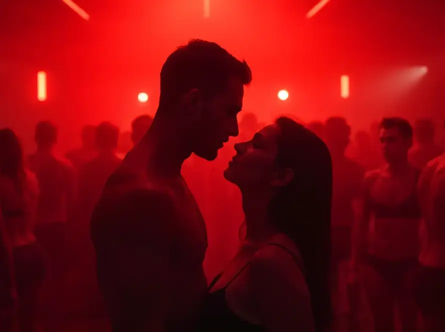 Seksoholicy są w klubie techno, wszędzie wokół czerwone światło. Para zbliża się do siebie, to mogą być swingersi.