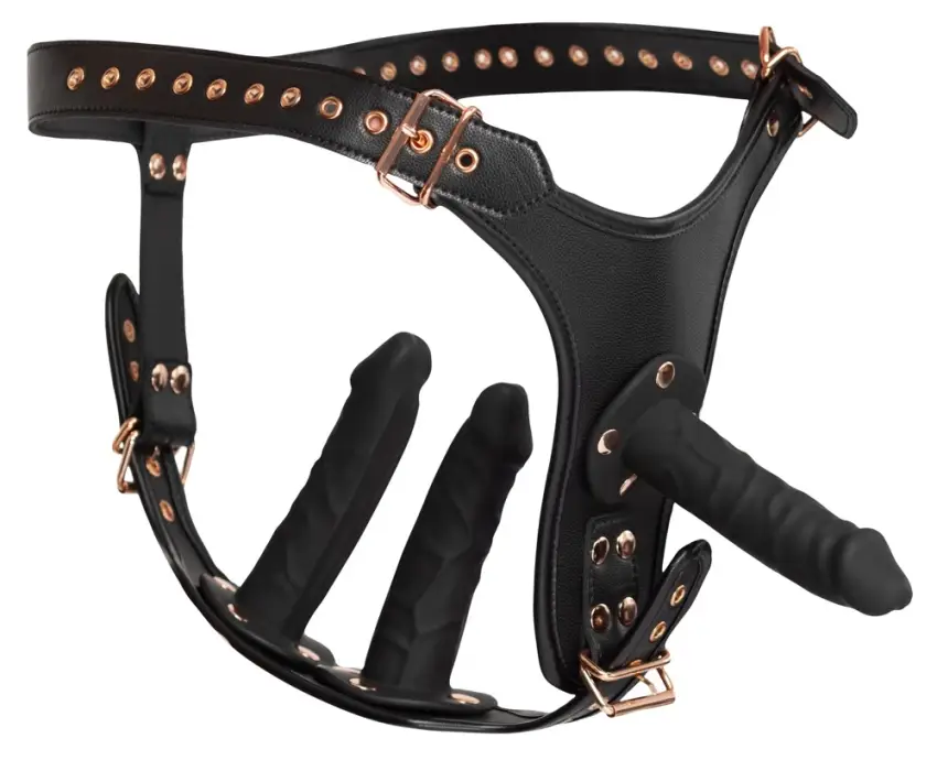 Bad Kitty - Strap-On 3D Z Trzema Dildami Czarne S/M - obrazek 5