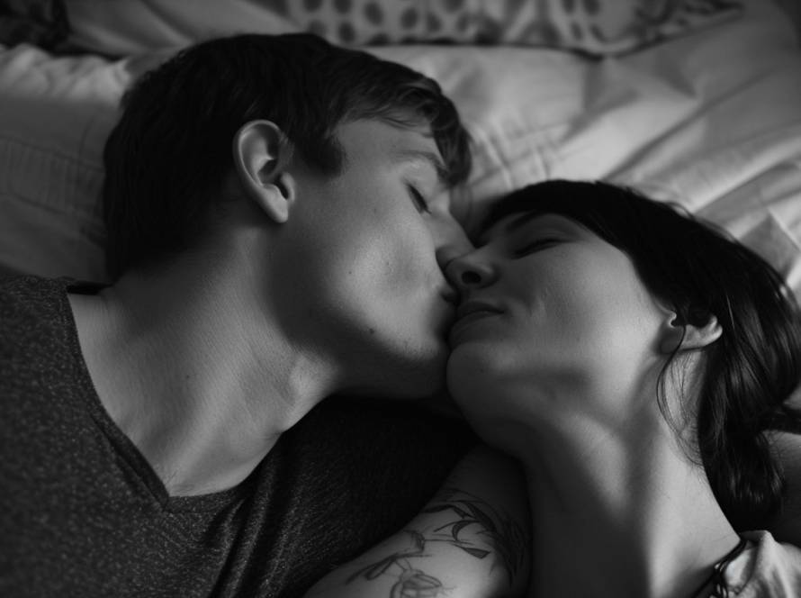 Para leży na łóżku i całuje się namiętnie podkreślając swój sexual wellness.