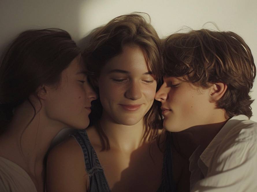 para monogamiczna czyli dwie kobiety i mężczyzna tulą się do siebie