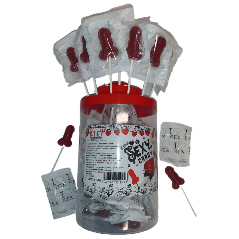 DIABLO PICANTE - 50 STRAWBERRY  CHERRY CANDY PENIS LOLLIPOP 50 UNITS