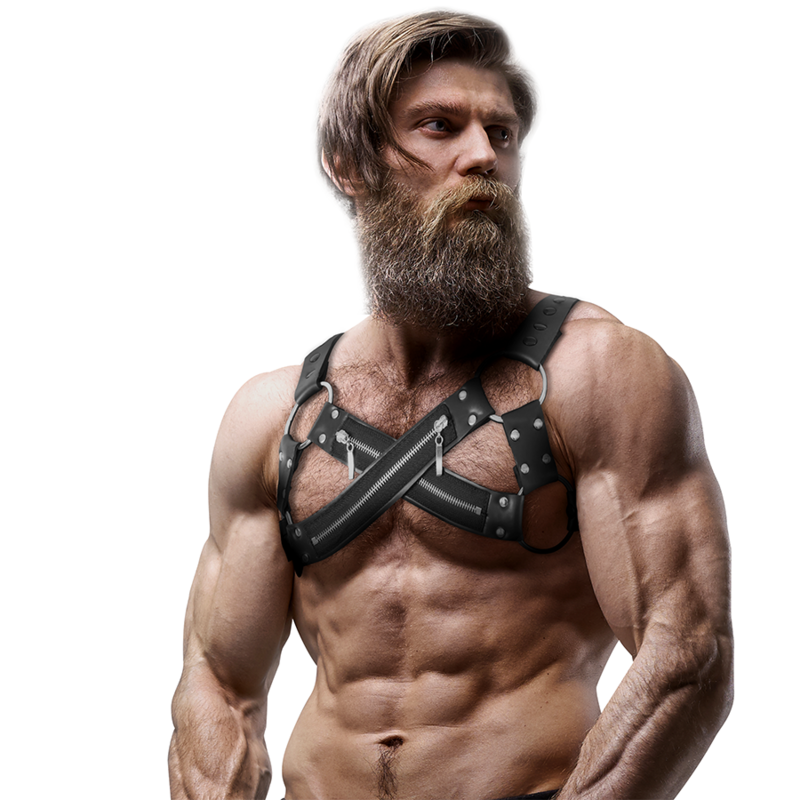 FETISH SUBMISSIVE ATTITUDE - ADJUSTABLE NEOPRENE CROSS-OVER CHEST BULLDOG HARNESS WITH ZIPPERS FOR MEN 4 FETISH SUBMISSIVE ATTITUDE - ADJUSTABLE NEOPRENE CROSS-OVER CHEST BULLDOG HARNESS WITH ZIPPERS FOR MEN - obrazek 4