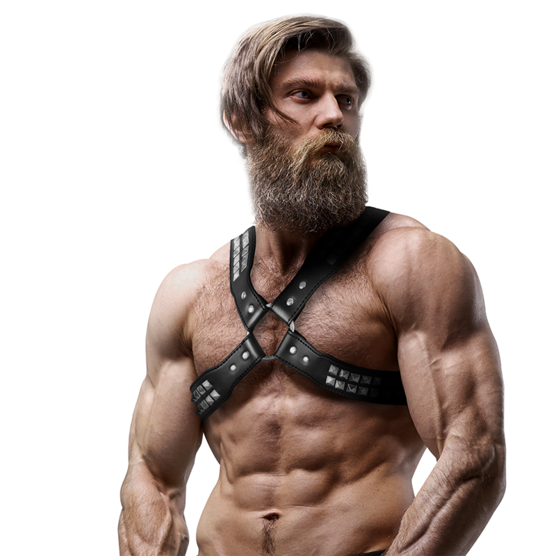 FETISH SUBMISSIVE ATTITUDE - MENS CROSSED CHEST ECO-LEATHER HARNESS WITH RIVETS 4 FETISH SUBMISSIVE ATTITUDE - MENS CROSSED CHEST ECO-LEATHER HARNESS WITH RIVETS - obrazek 4