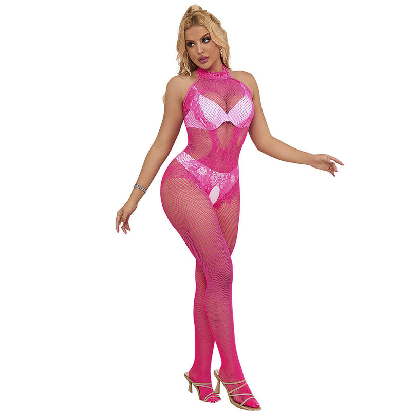 SUBBLIME - 952389 FISHNET AND LACE CROTCHLESS BODYSTOCKING WITH HIGH NECK PINK ONE SIZE 5 SUBBLIME - 952389 FISHNET AND LACE CROTCHLESS BODYSTOCKING WITH HIGH NECK PINK ONE SIZE - obrazek 5