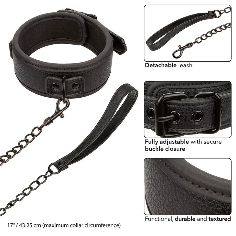 CALEXOTICS - NOCTURNAL COLLAR LEASH LEATHER ADJUSTABLE BLACK 4 CALEXOTICS - NOCTURNAL COLLAR LEASH LEATHER ADJUSTABLE BLACK - obrazek 4