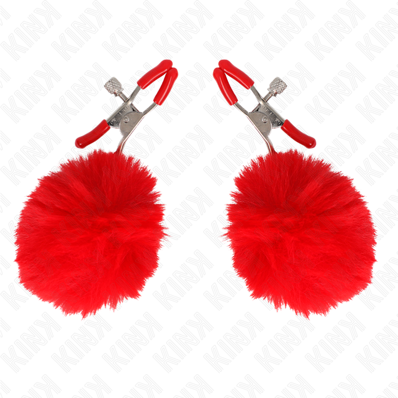 KINK - FAUX FUR BALL NIPPLE CLAMP RED 6 CM 2 KINK - FAUX FUR BALL NIPPLE CLAMP RED 6 CM - obrazek 2