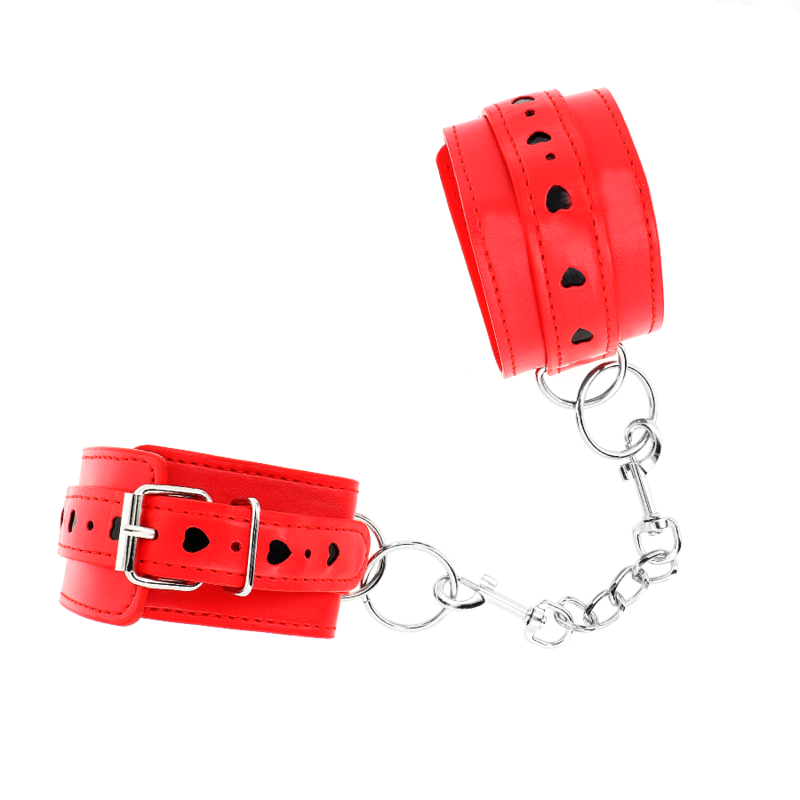 KINK - RED WRIST RESTRAINTS WITH BLACK HEART INLAY ADJUSTABLE 21-28 CM X 5.5 CM 2 KINK - RED WRIST RESTRAINTS WITH BLACK HEART INLAY ADJUSTABLE 21-28 CM X 5.5 CM - obrazek 2