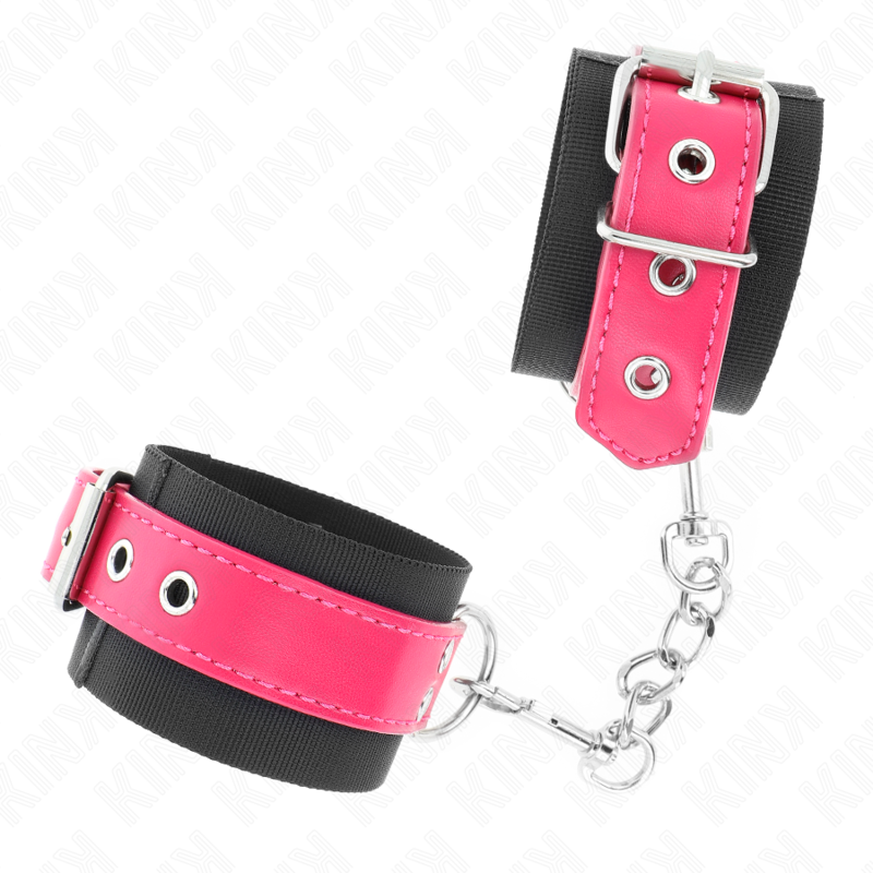 KINK - NYLON WRIST RESTRAINTS BLACK WITH LEATHERETTE BELT RASPBERRY ROSE ADJUSTABLE 19-29 CM X 5.1 CM 2 KINK - NYLON WRIST RESTRAINTS BLACK WITH LEATHERETTE BELT RASPBERRY ROSE ADJUSTABLE 19-29 CM X 5.1 CM - obrazek 2