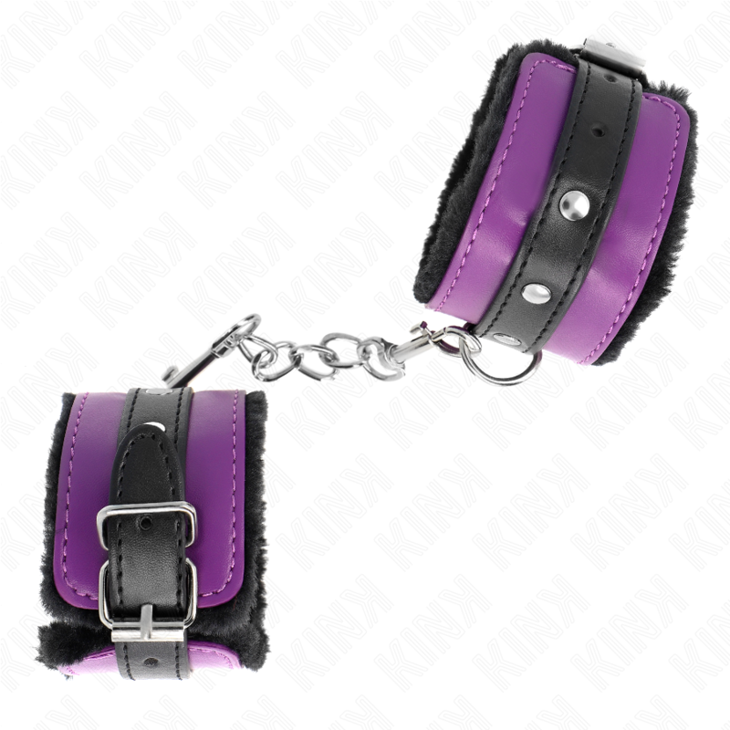 KINK - PREMIUM FUR LINED WRIST RESTRAINTS BLACK WITH PURPLE / BLACK BELT ADJUSTABLE 17-29 CM X 6 CM 2 KINK - PREMIUM FUR LINED WRIST RESTRAINTS BLACK WITH PURPLE / BLACK BELT ADJUSTABLE 17-29 CM X 6 CM - obrazek 2