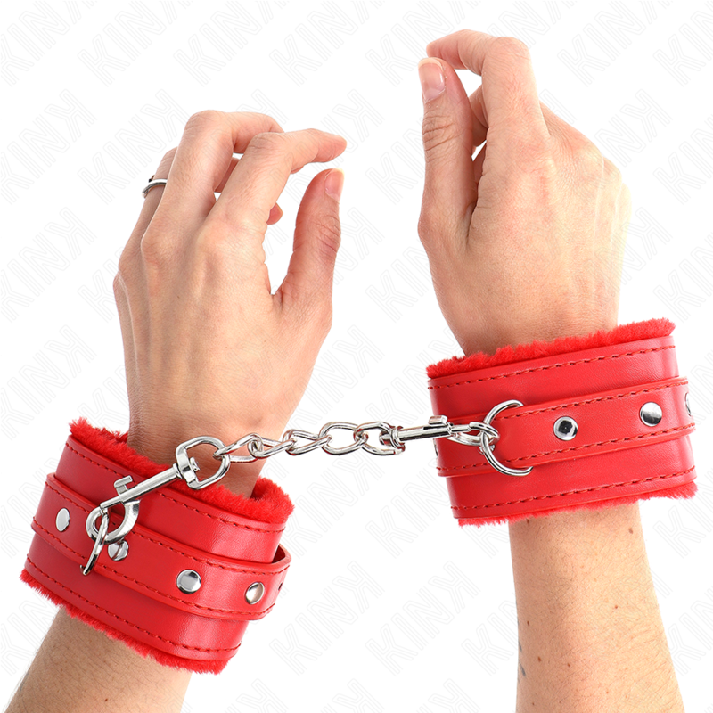 KINK - PREMIUM FUR LINED WRIST RESTRAINTS RED WITH RED BELT ADJUSTABLE 17-29 CM X 6 CM 4 KINK - PREMIUM FUR LINED WRIST RESTRAINTS RED WITH RED BELT ADJUSTABLE 17-29 CM X 6 CM - obrazek 4