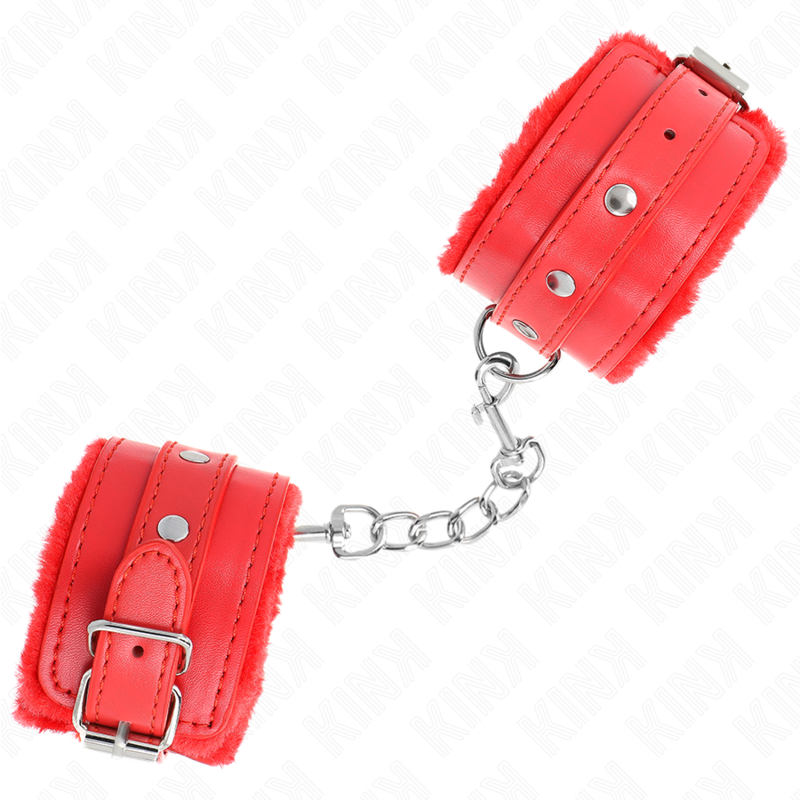 KINK - PREMIUM FUR LINED WRIST RESTRAINTS RED WITH RED BELT ADJUSTABLE 17-29 CM X 6 CM 2 KINK - PREMIUM FUR LINED WRIST RESTRAINTS RED WITH RED BELT ADJUSTABLE 17-29 CM X 6 CM - obrazek 2