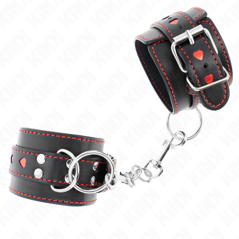 KINK - BLACK WRIST RESTRAINTS WITH RED HEART INLAY ADJUSTABLE 21-28 CM X 5.5 CM 2 KINK - BLACK WRIST RESTRAINTS WITH RED HEART INLAY ADJUSTABLE 21-28 CM X 5.5 CM - obrazek 2