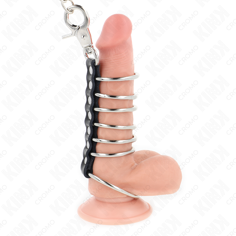 KINK - 7 METAL PENIS RINGS 3.8 CM TO 5 CM CONNECTED WITH LEATHER AND METAL CHAIN 100 CM 2 KINK - 7 METAL PENIS RINGS 3.8 CM TO 5 CM CONNECTED WITH LEATHER AND METAL CHAIN 100 CM - obrazek 2