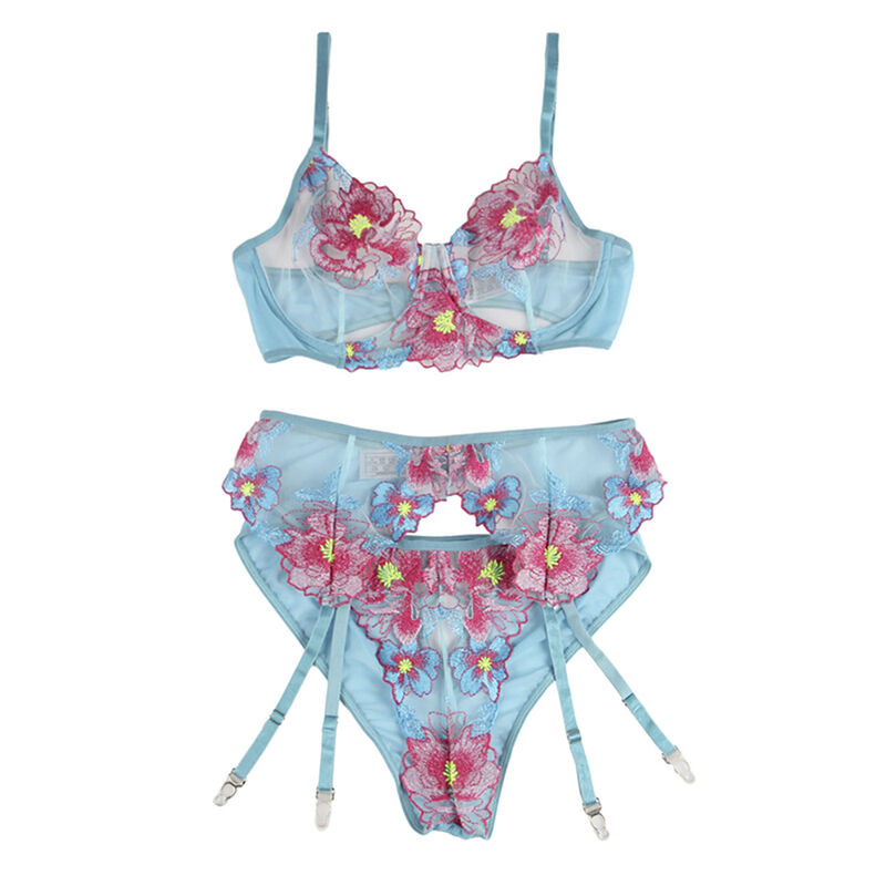 SUBBLIME - 954109 BRA + PANTIES WITH GARTER BELT FLORAL DESIGN BLUE S/M 5 SUBBLIME - 954109 BRA + PANTIES WITH GARTER BELT FLORAL DESIGN BLUE S/M - obrazek 5