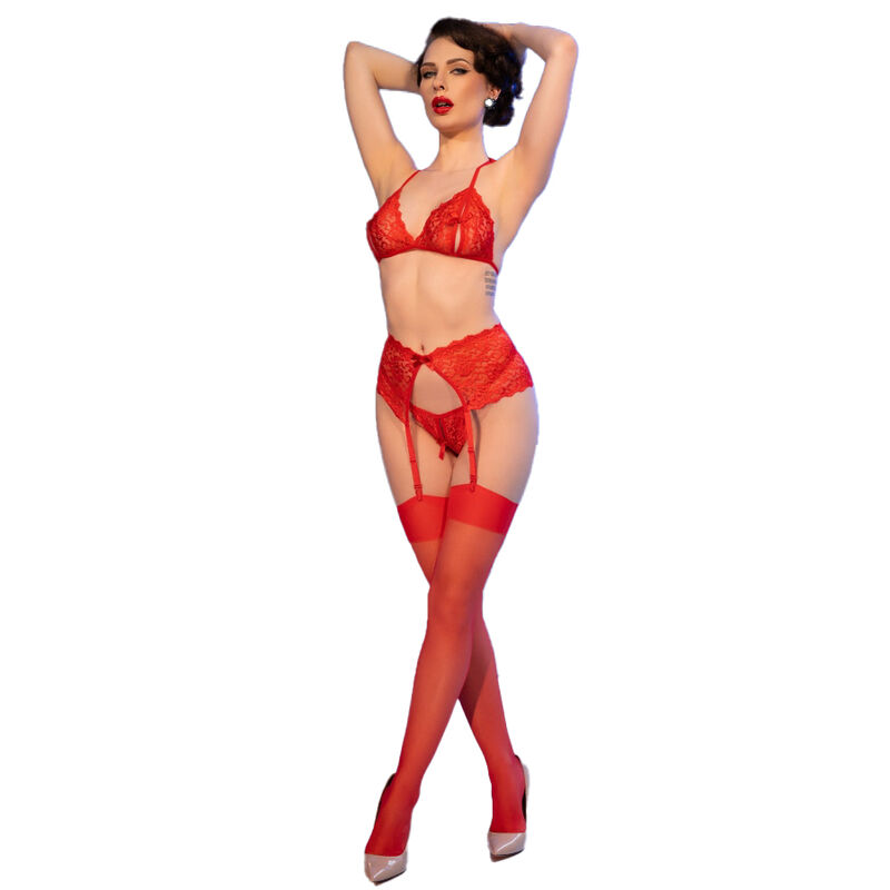 CHILIROSE - CR 4848 RED LACE BRA + THONG + STOCKINGS SET S 4 CHILIROSE - CR 4848 RED LACE BRA + THONG + STOCKINGS SET S - obrazek 4