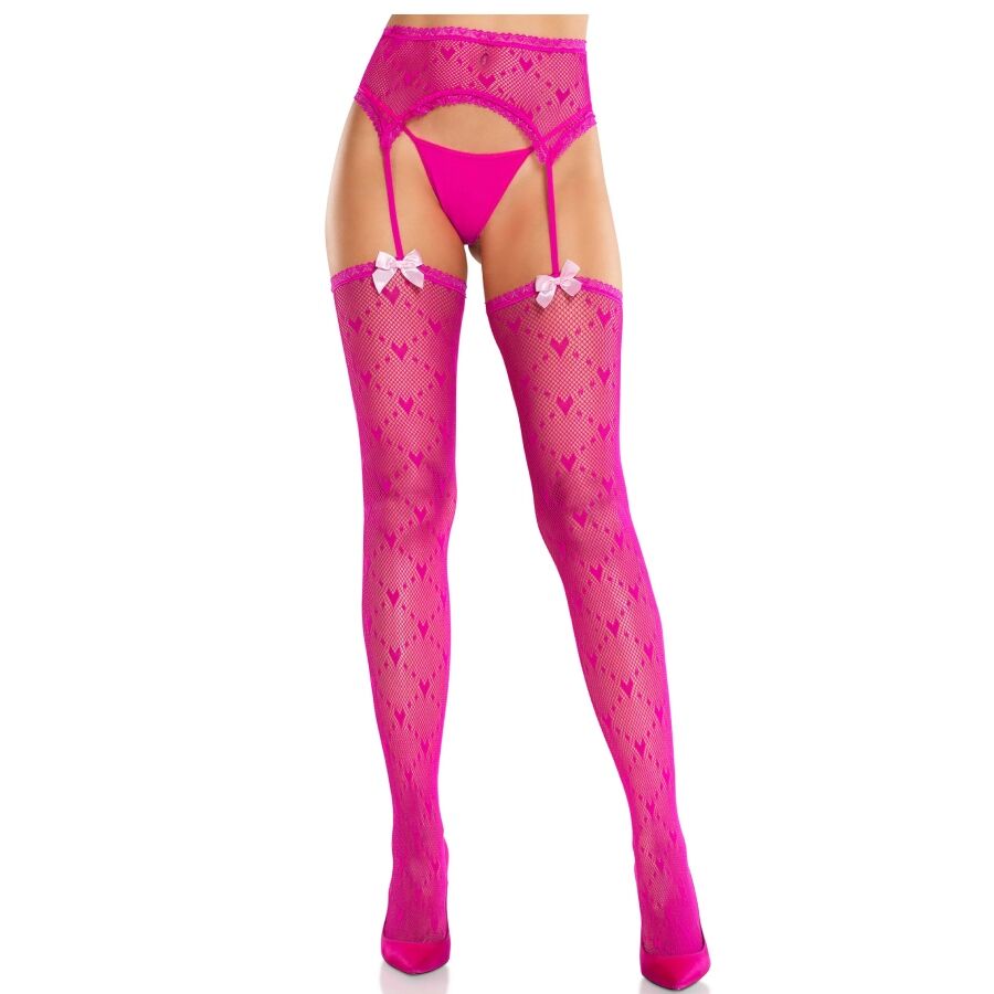 LEG AVENUE - HEART STOCKINGS WITH GARTERS MAGENTA