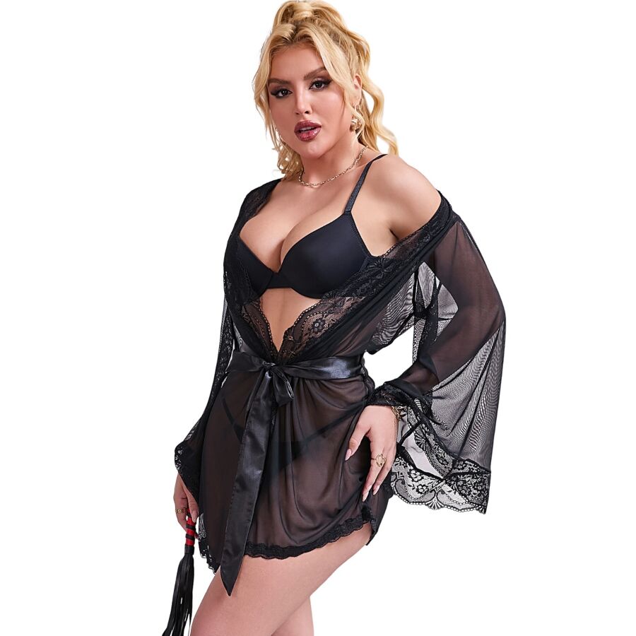 SUBBLIME - TRANSPARENT FABRIC ROBE WITH LACE DETAIL BLACK S/M 4 SUBBLIME - TRANSPARENT FABRIC ROBE WITH LACE DETAIL BLACK S/M - obrazek 4