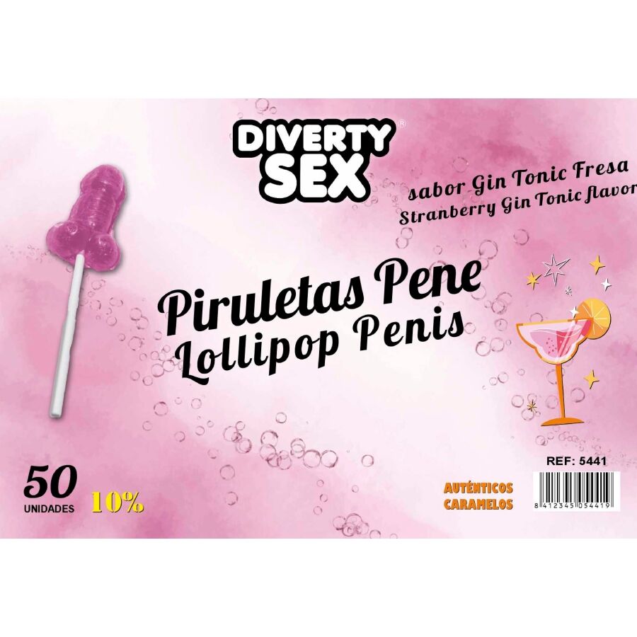 DIABLO GOLOSO - 50 PENIS LOLLIPOPS GIN TONIC STRAWBERRY FLAVOR 10% ALCOHOL